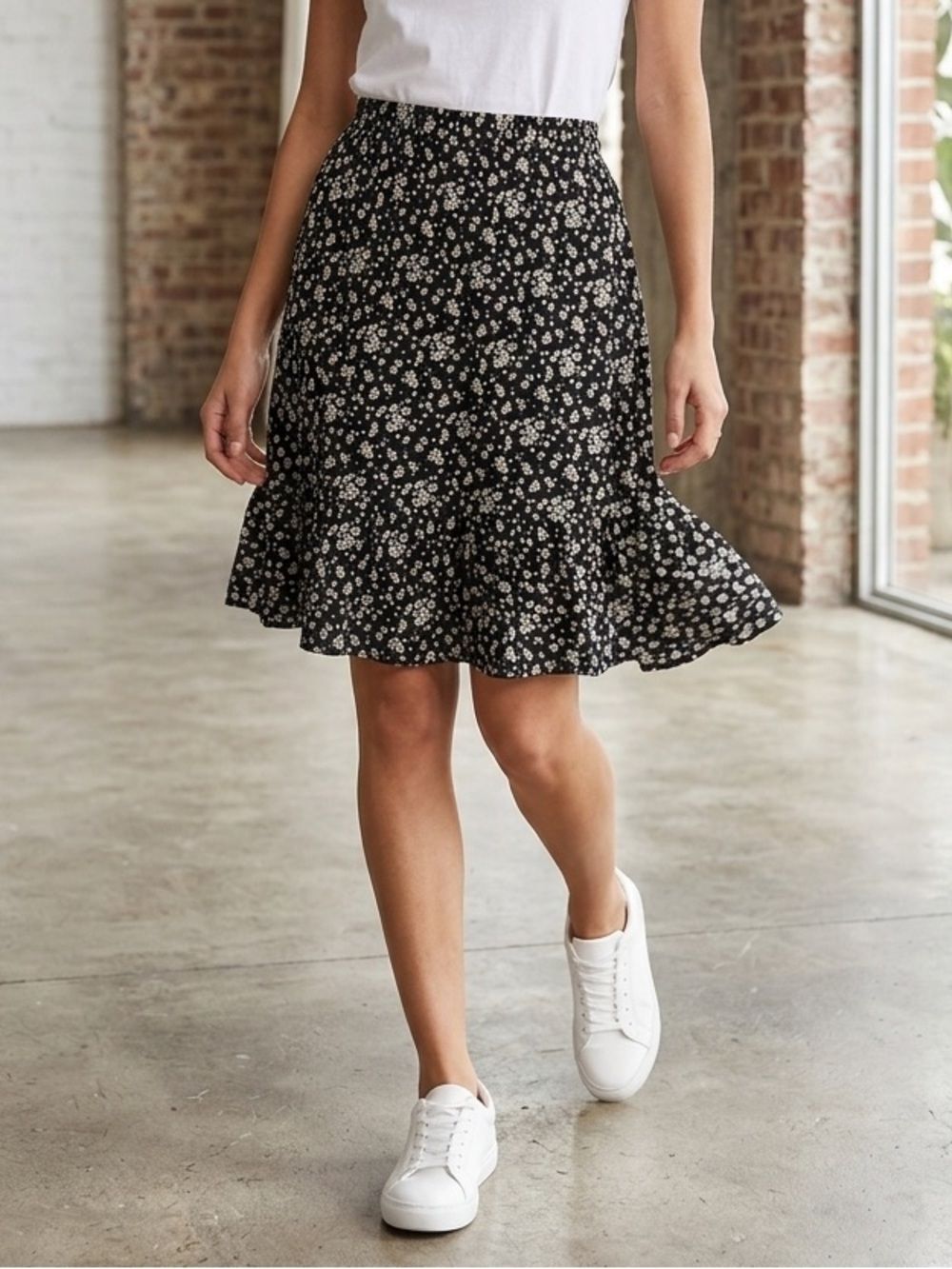 Rachel Zoe Black Midi Skirt with White Floral Print